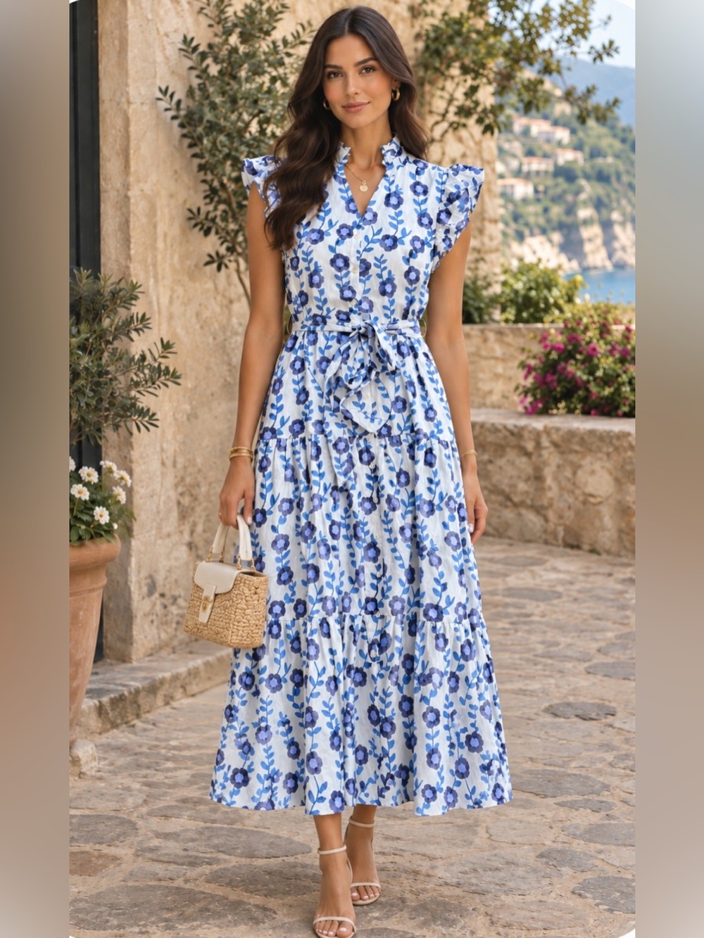 Oliphant Boho Luxury Maxi Dress Toscana Blue Floral Block Print Resortwear Small